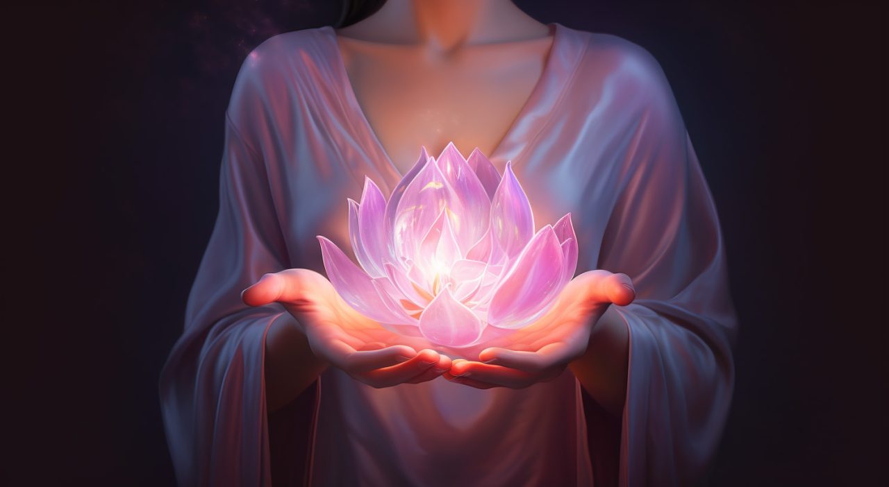 small-group-reiki-training-attunement-practitioner-woman-holding-hand-with-healing-light-hand-with-light-beaming-in-the-style-of-spiritual-meditations-light-magenta
